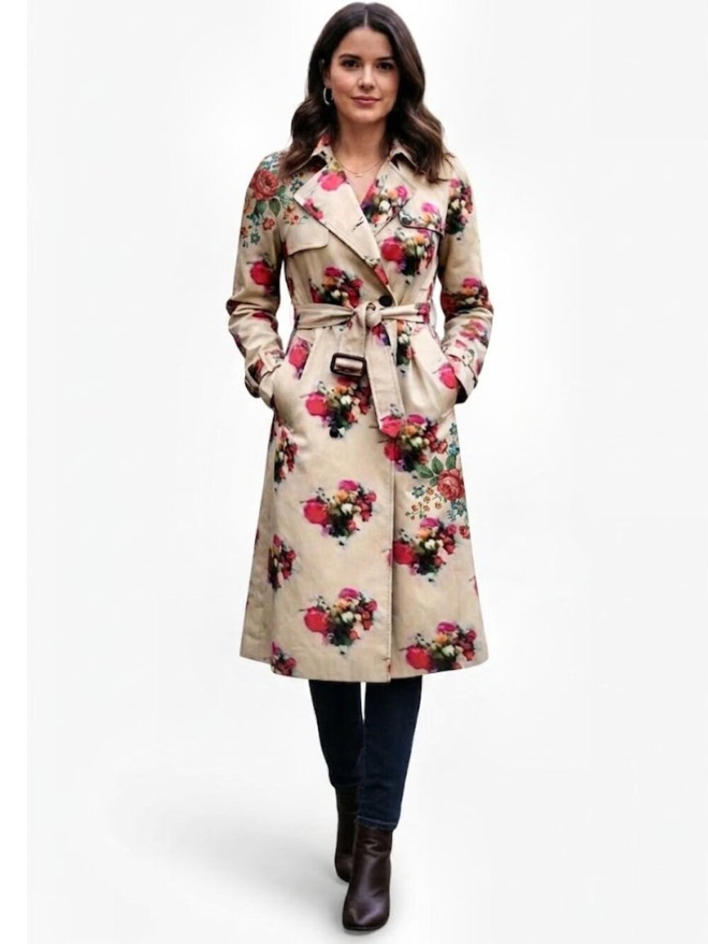 Adam Lippes Beige Floral Print Trench Coat, Womens Size XS